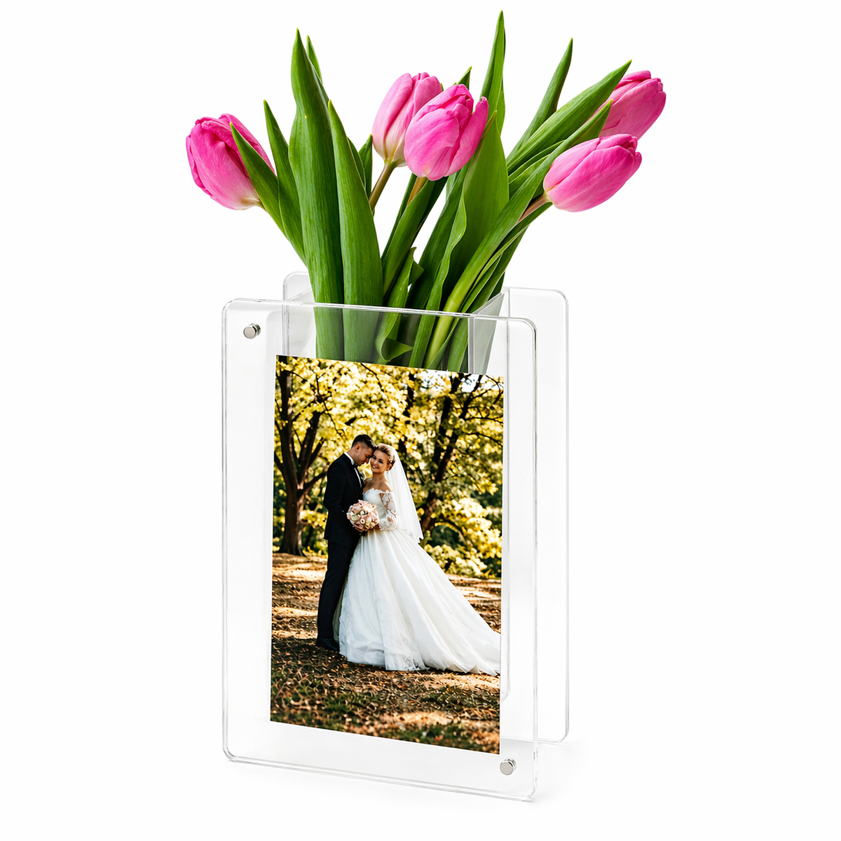 Clear acrylic vertical photo frame vase with border, fresh flowers and a portrait photo