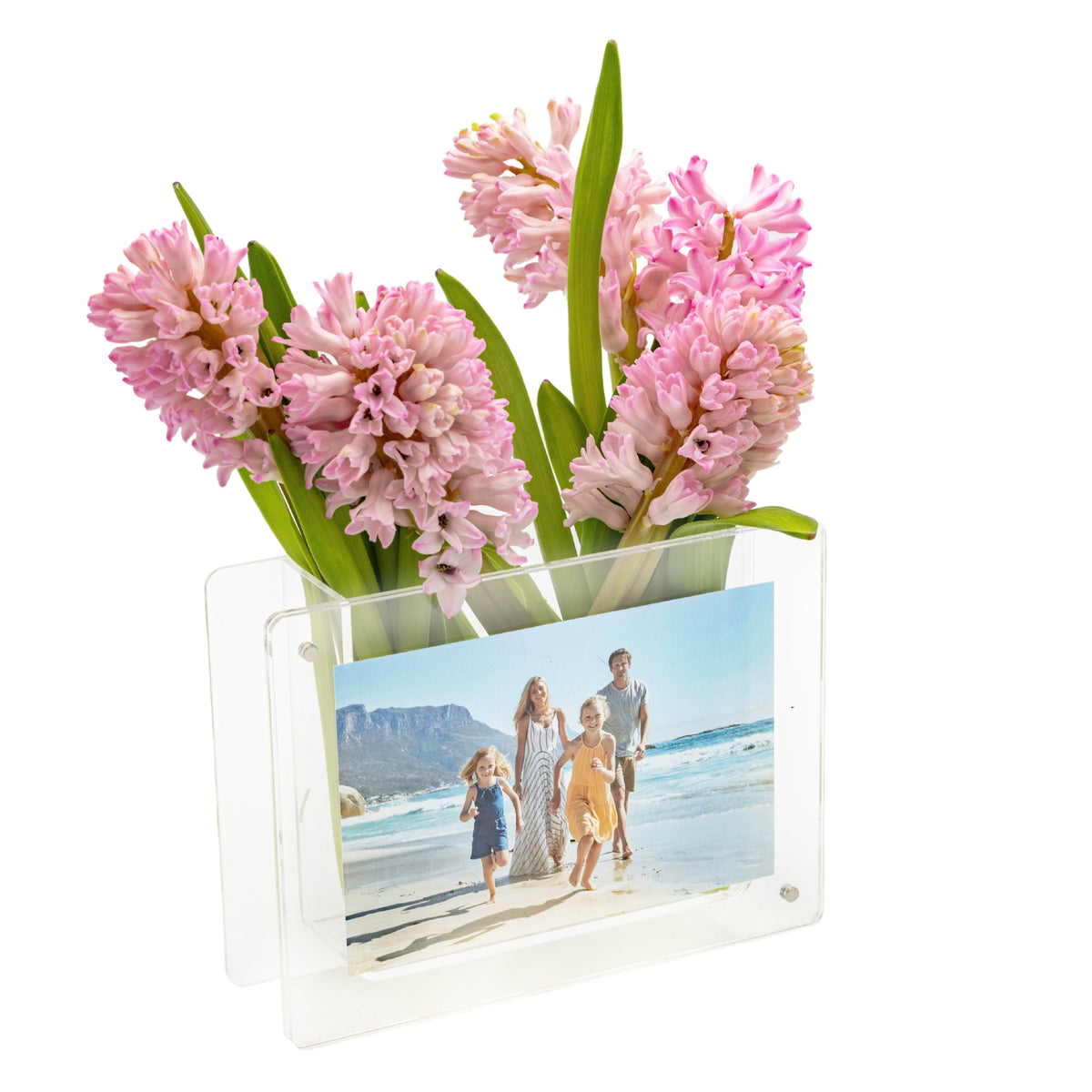 Clear acrylic horizontal photo frame vase with pink flowers and a family photo