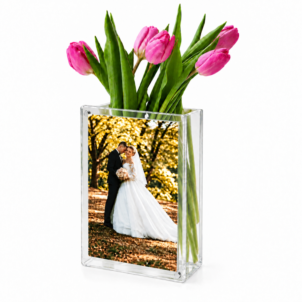 Borderless clear acrylic vertical photo frame vase with fresh flowers and a portrait photo